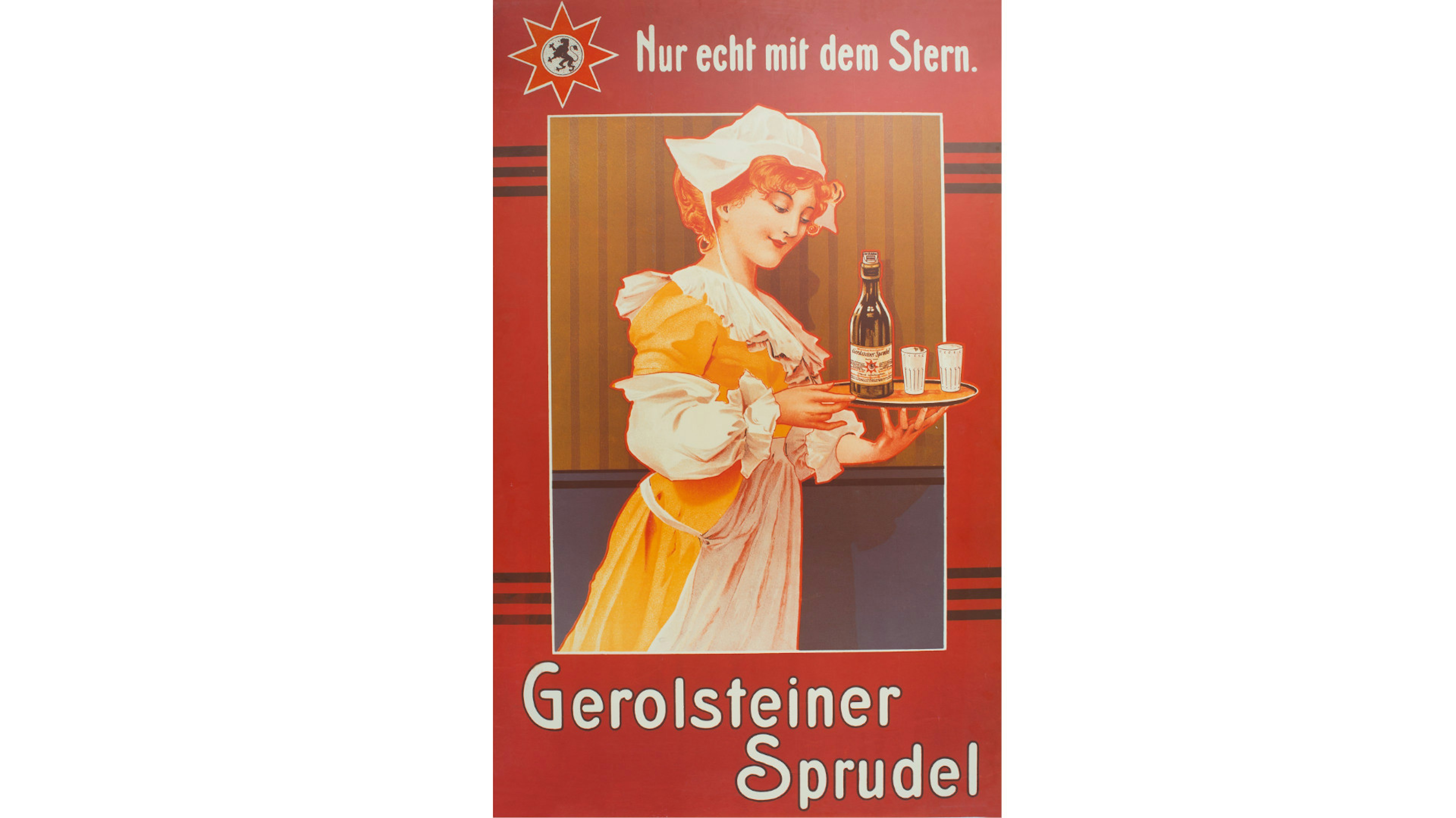 Eine Gerolsteiner Sprudel Werbeanzeige, die eine Frau und einen Mann beim Trinken zeigt