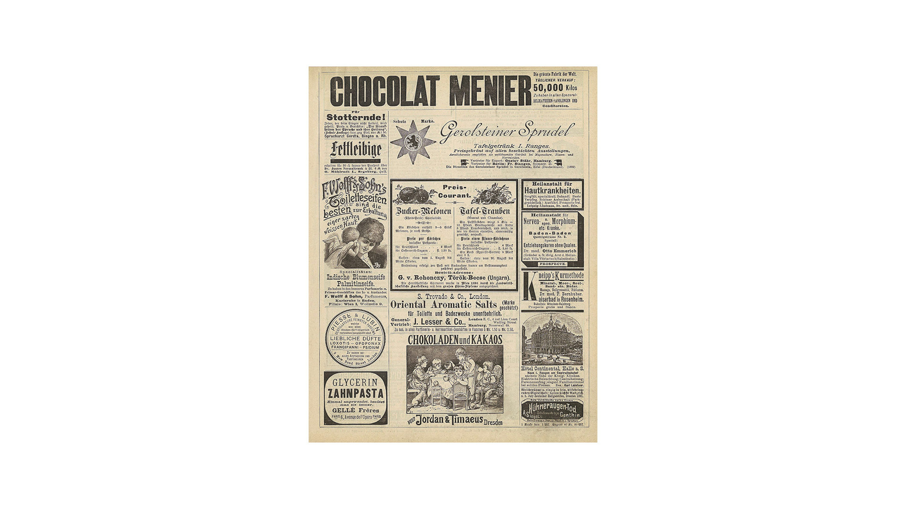 Die Titelseite der "Chocolat Menier", an oberer Stelle ist eine Zeitunsganzeige der Gerolsteiner Sprudel